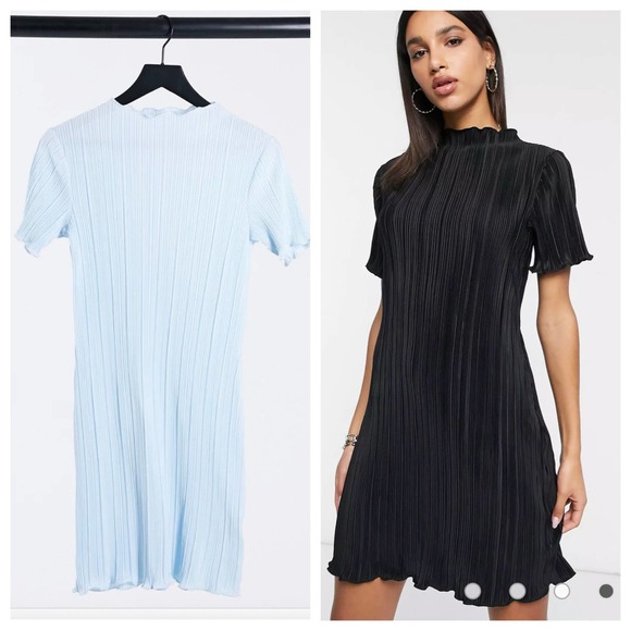 WEEKDAY Elaine Mini Dress SZ S ASOS Light Blue Recycled Crinkle Lettuce Hem Mini - Picture 1 of 11